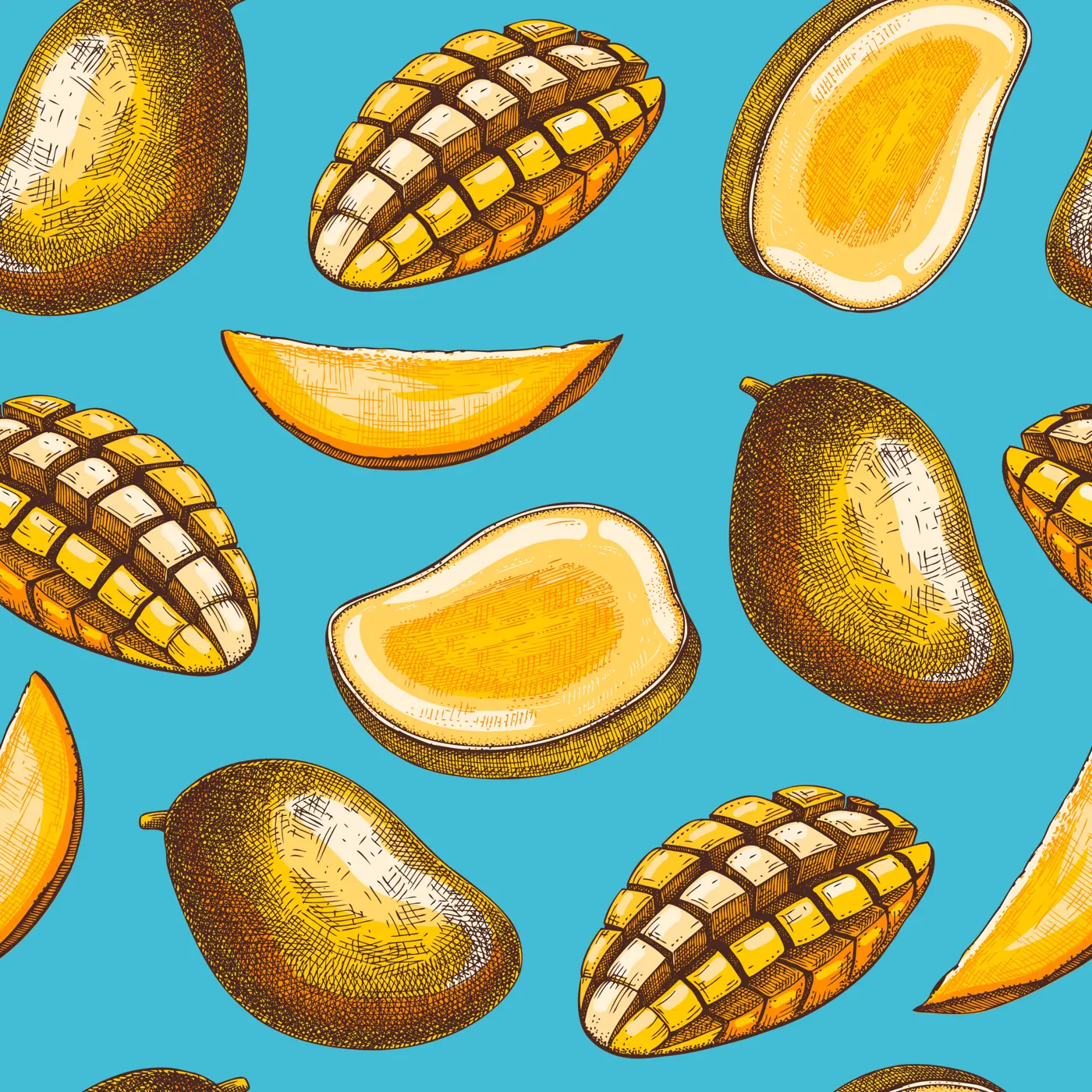 Tropical fruit seamless pattern. Ripe mango sketch. Hand-drawn vector illustration. Exotic plant background, texture, textile design. NOT AI generated Illustration